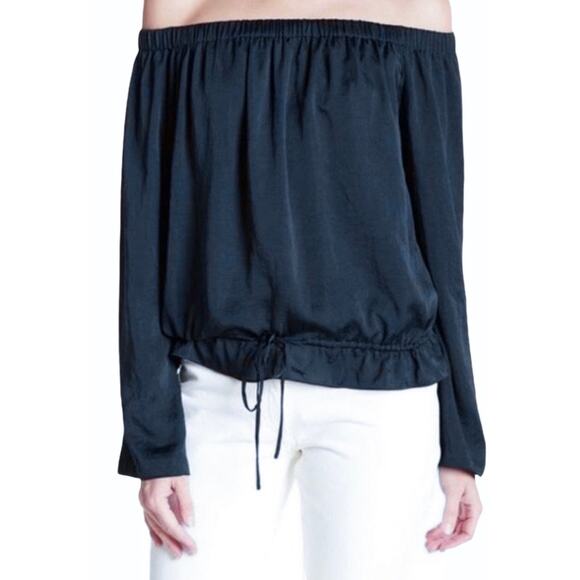 Theory Odettah Off the Shoulder Crepe Top Womens Small Ribbed Nautical Navy Blue - Picture 1 of 7